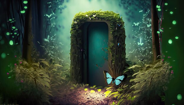 Small door in a forest realistic lots of foliage with small butterflies thunder storm 4k