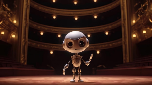 Foto un piccolo droide con la testa e le mani sullo sfondo di un grande teatro con sontuose produzioni di intelligenza artificiale generativa