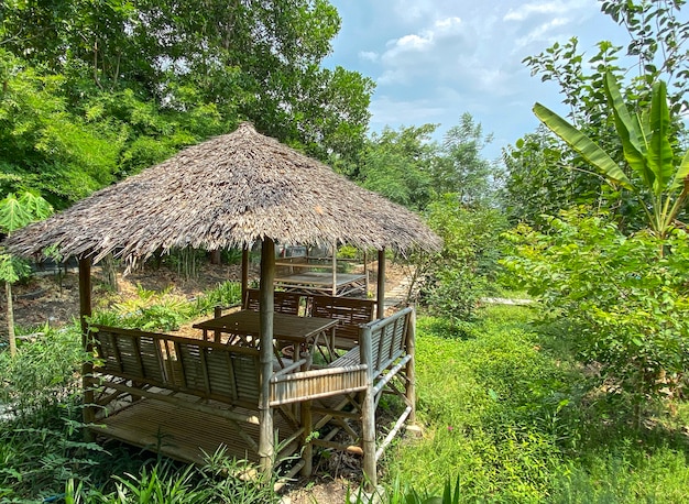 small dry grass house at green garden