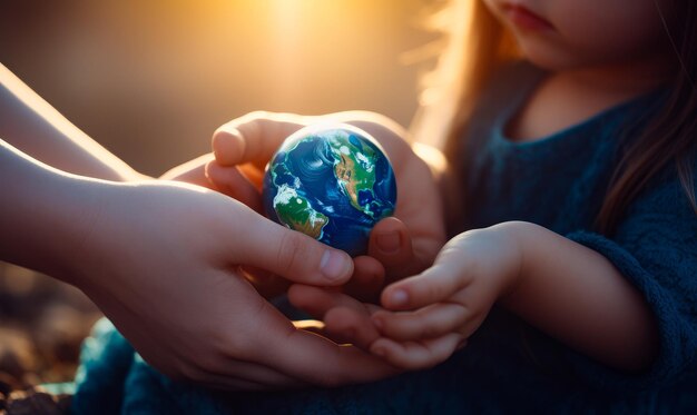 Small earth in girl hands World planet in little hands generative ai