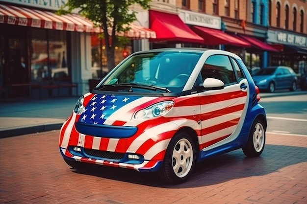 Small electric car on the street of a city painted in the colors of the American flag