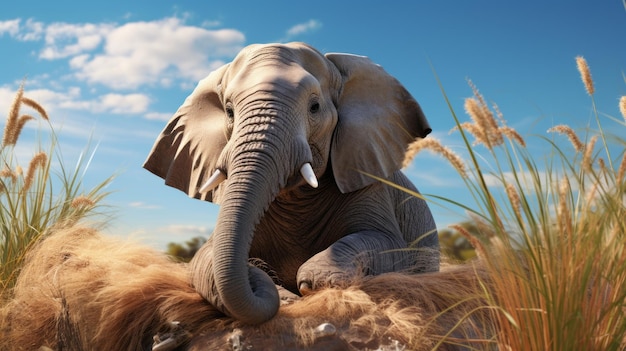 Small Elephant Resting On Grass With Blue Sky Background