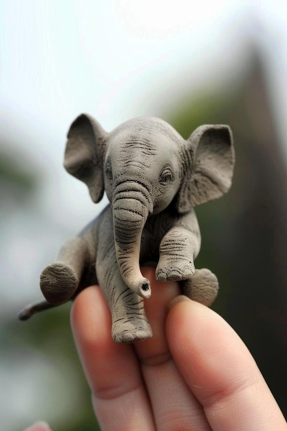 A small elephant sits on a mans finger