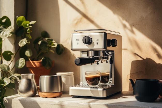 Small espresso machine big modern minimalistic loft room in the background Generative AI