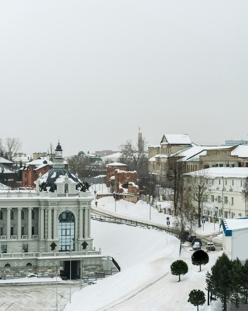 A small europe town architecture under the snow on a winter day