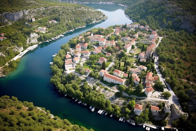 A small European town on a mountain with a river view from the top