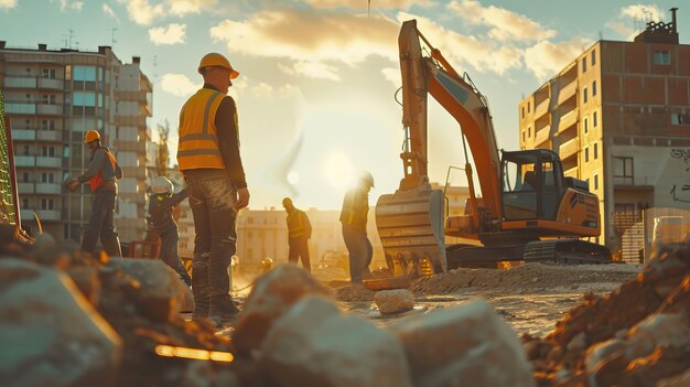 Small excavator and workers at construction site