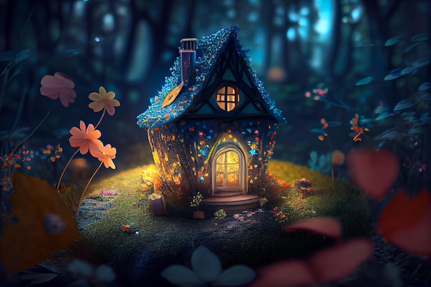 Small fairy tale sparkling house in magic forest AI generated