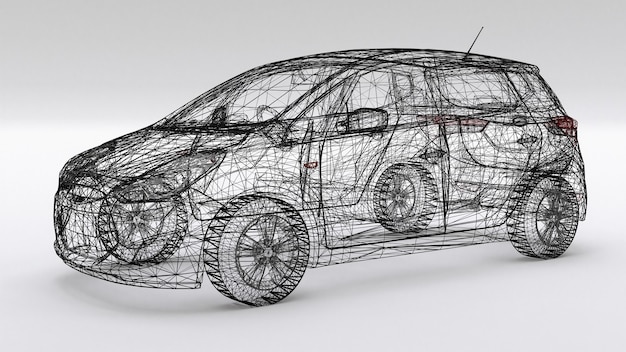 Small family car, mesh design. 3D rendering.