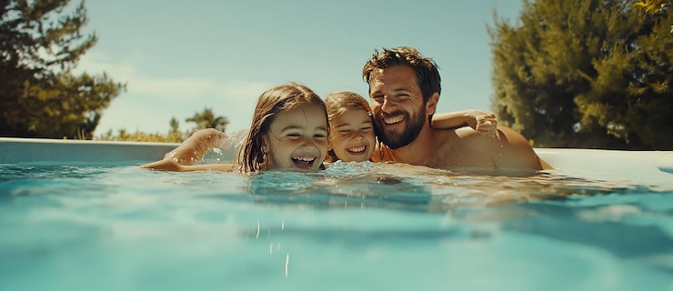 Photo small family enjoying backyard pool time