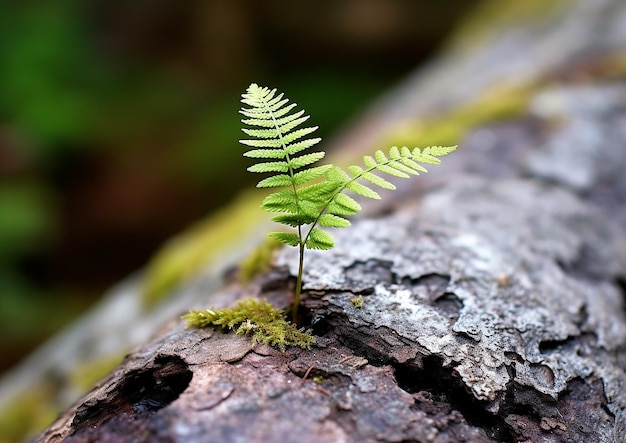 A small fern growing out of a fallen tree trunk.