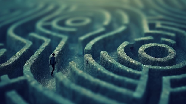 A small figure navigating a giant maze learning through challenges and discovery