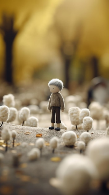 A small figure of a person standing in a field of sheep.