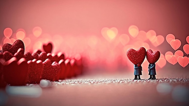 A small figure stands between a group of red hearts