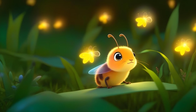 A small firefly gazing up at a large glowing ball with flowers and other fireflies around it