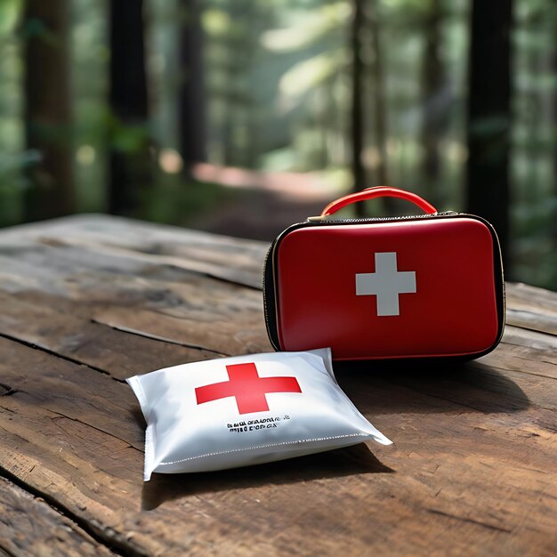 Photo a small first aid kit with a red cross on the table a forest in the background genarated by ai