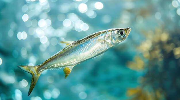 小さな魚が海で泳いでいます 青と銀色の魚で 長い細い体があり 小さな泡に囲まれています