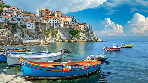 Small fishing boats docked in a calm harbor on a sunny day with a rocky coastline and colorful buildings in the background