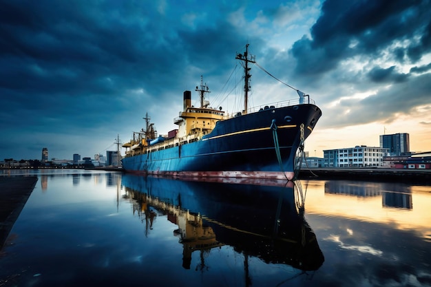 A small fishing or cargo ship on the dock in the port The ship is waiting to sail A vessel for fishing or transporting small cargoes