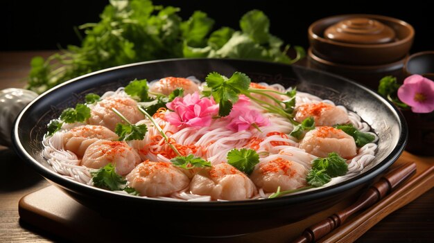 Маленькие плоские рисовые лапши с рыбными шариками и креветочными шариками в розовом супе.