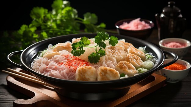 Small flat rice noodles with fish balls and shrimp balls in pink soup yen ta four or yen ta fo as