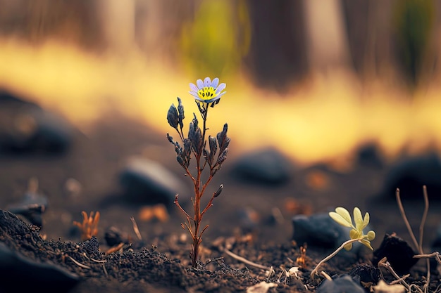 Small flower grown on charred soil on blurred background in forest new life after wildfire