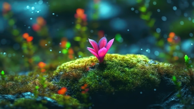 A small flower on a mossy rock