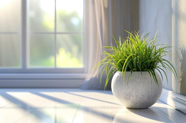 small flower pot with house of grass on white floor and window