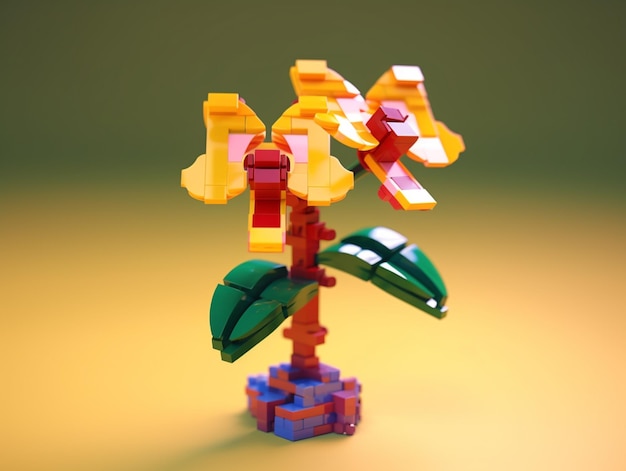 A small flower with a leaf on it is made of legos.