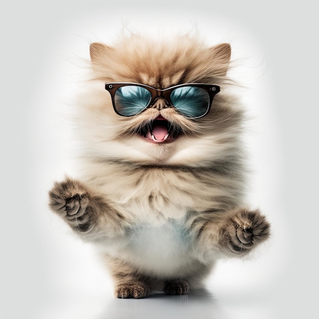 A small fluffy dog with sunglasses and a shirt that says'cat '