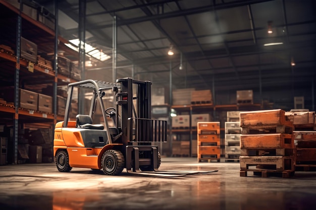 A small forklift on a huge warehouse transports pallets with boxes Cargo handling