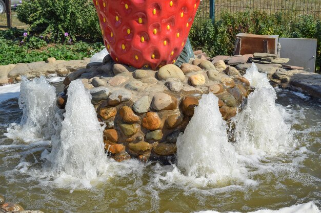 Small fountain in the flower bed area Water jet climb up