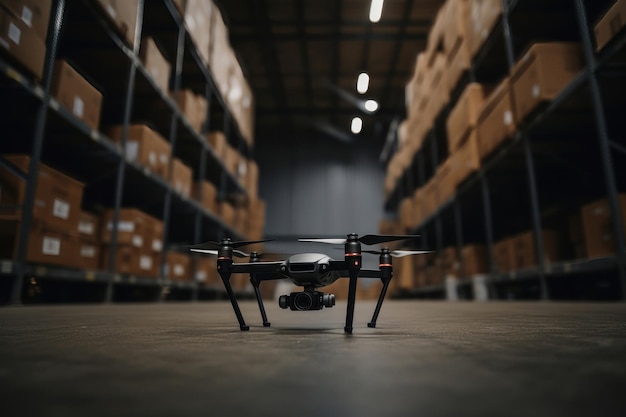 Небольшой дрон fpv, летящий через склад, сгенерированный искусственным интеллектом