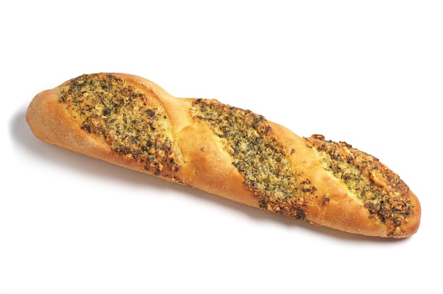 Small fresh baguette filled with spice on white background