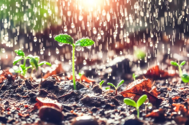 Foto piccola pianta fresca che cresce sul terreno sotto la pioggia con lo sfondo bokeh della natura il concetto di credito di carbonio compensa i crediti di carbonio per la riforestazione