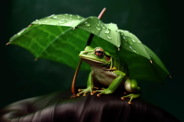 작은 우산 에서 울고 있는 개구리