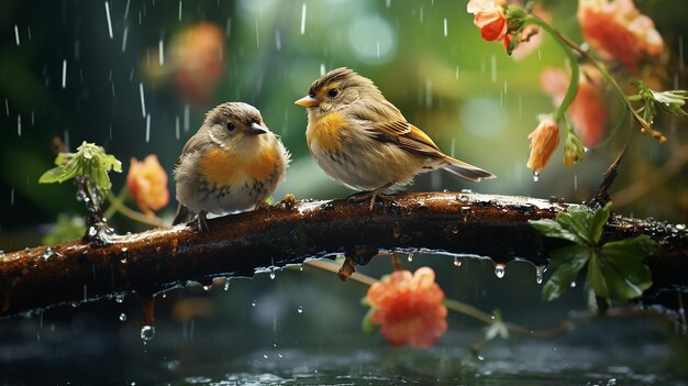 Small funny bird sitting on a branch in the summer garden in the rain