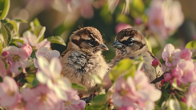 Photo small funny sparrow chicks sit in the garden ai generative