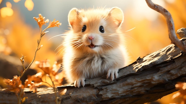 Small furry rodent sitting on branch looking at camera