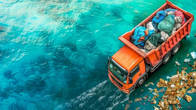 Foto un piccolo camion della spazzatura e un sacco di spazza su uno sfondo verde