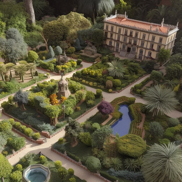 A small garden with a fountain and a building in the background