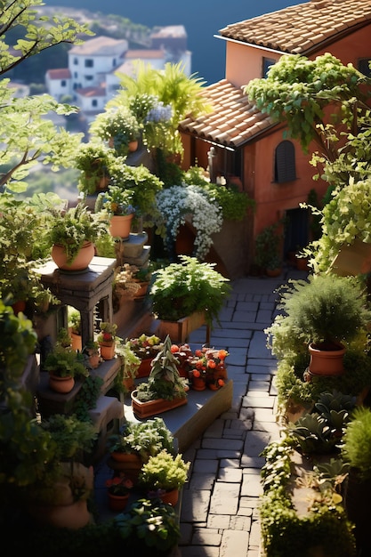 a small garden with a red house in the background