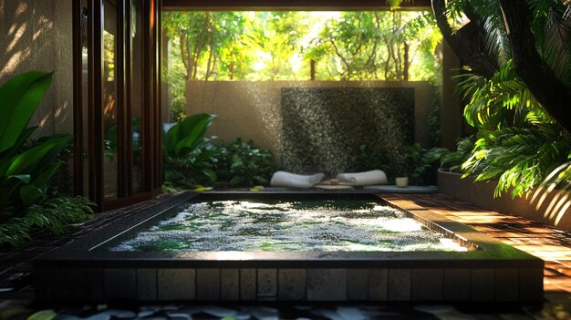a small garden with a small pond and a wall of plants and a window