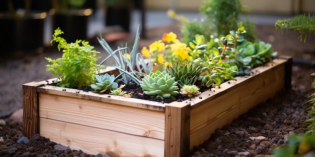 a small garden with a wooden box that says  potted plants