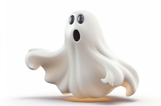 A small ghost with black eyes sits on a white background.