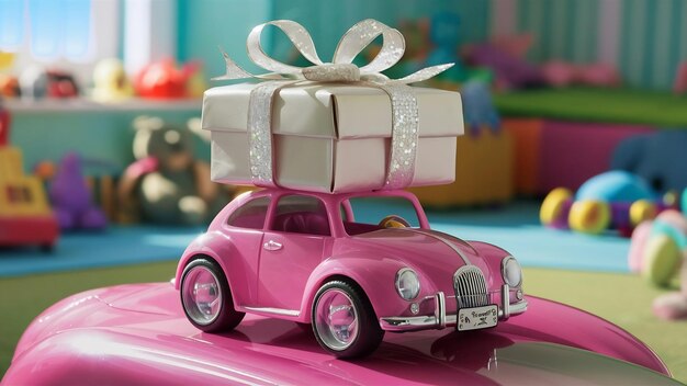 Small gift box on pink toy car