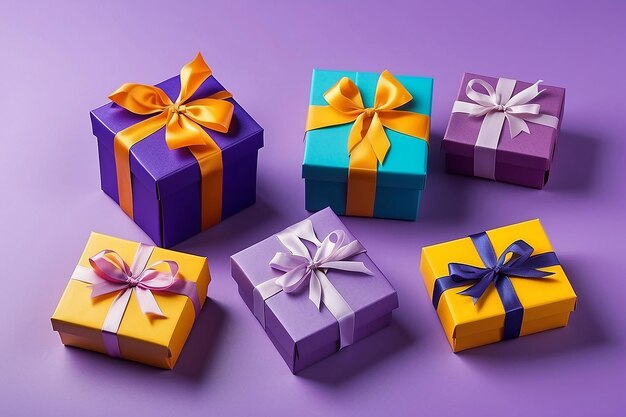 Small gift boxes of different colors with ribbons lies on violet and pink