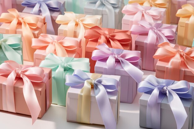 Small gift boxes in multiple pastel colors with satin ribbons