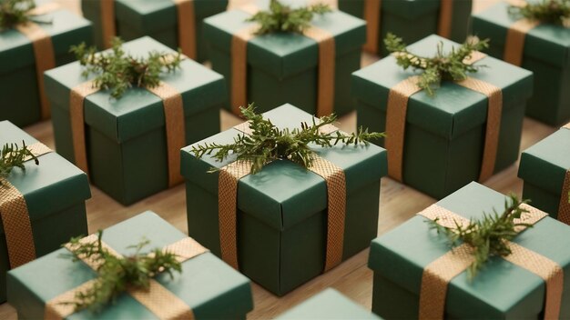 Small gift boxes with green branches