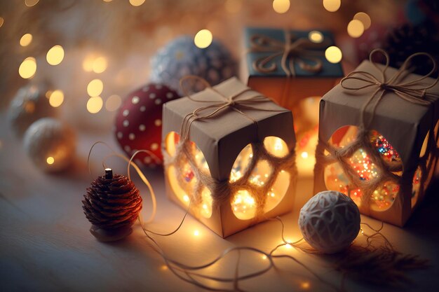 Photo small gifts and decorations on the background of christmas lightsai technology generated image